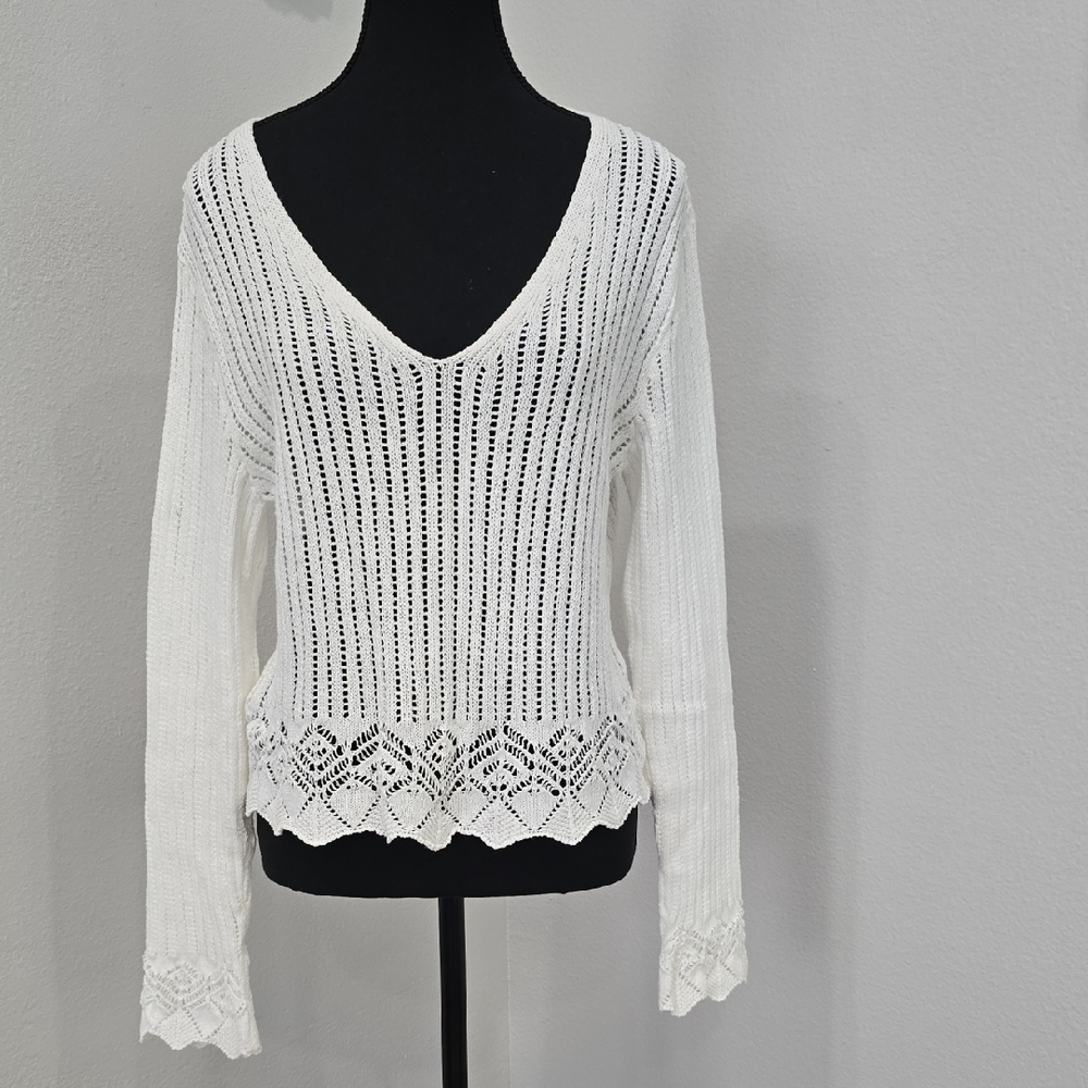 Mango White Open Knit Sweater Lace Hem V Neck Size M Lightweight